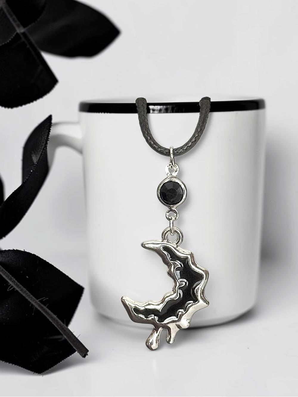 5 For $25💫Silver and Black Melting Crescent Moon Pendant With Black Acrylic Gem